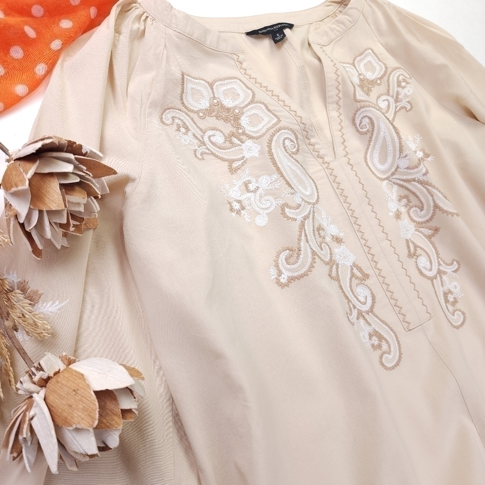 New Banana Republic Cotton Viscose Tan White Floral Embroidered Dress Sz… - Picture 6 of 14